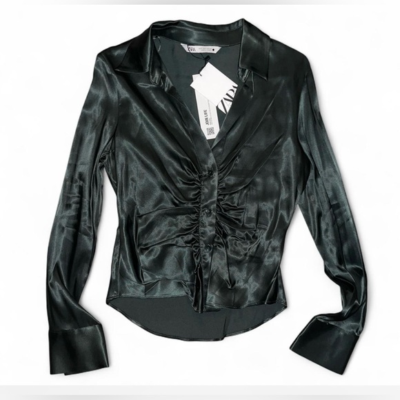 Zara dark green satin long sleeve blouse with ruching size small. NWT - Picture 4 of 7